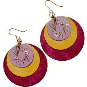 Vintage Dangle Earrings Mod Layered Anodized Aluminum Colorful Sunburst 1980s